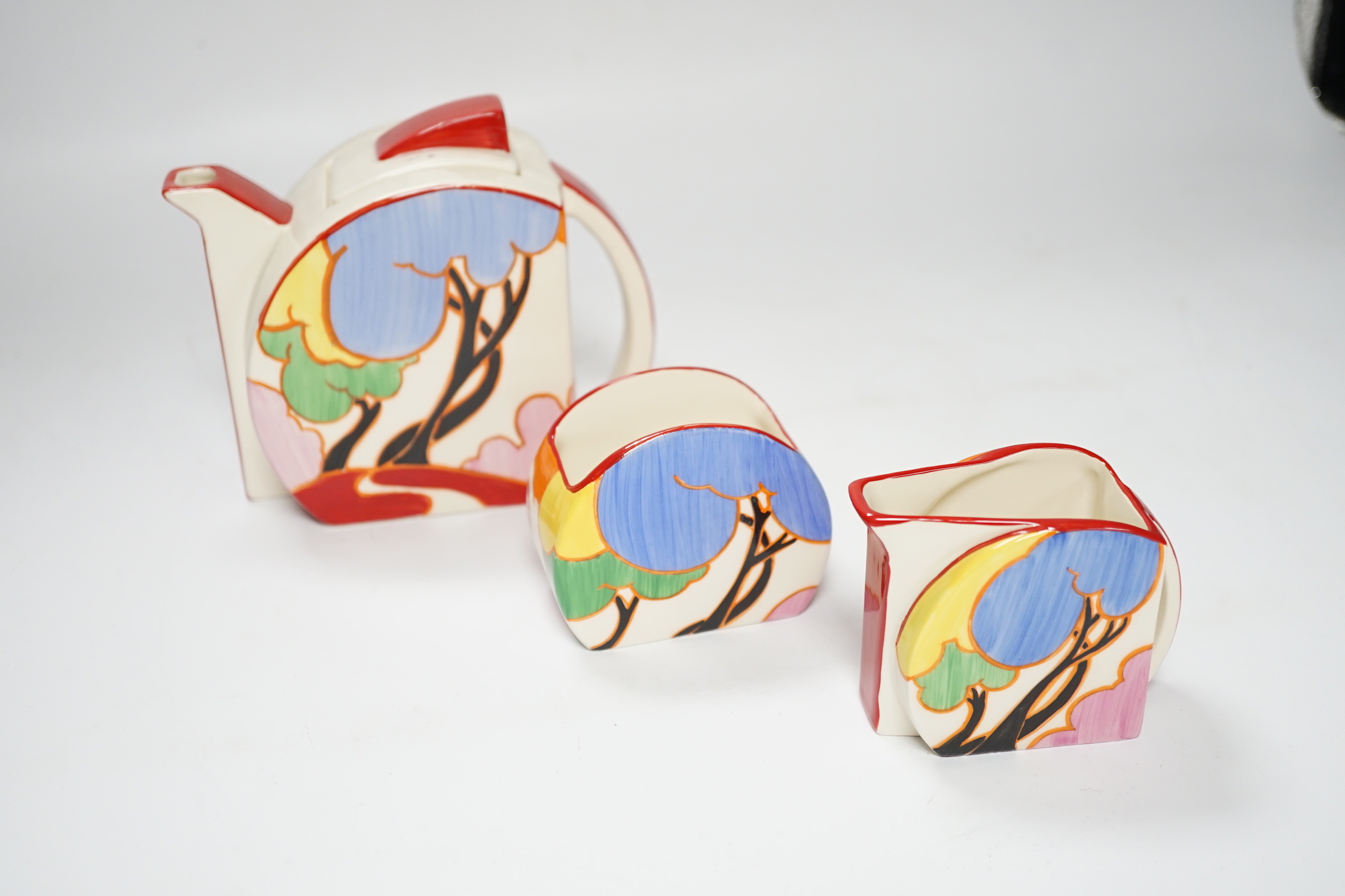 A Wedgwood Bizarre by Clarice Cliff Blue Autumn Stamford tea set, limited edition with box and certificate, largest 12cm high